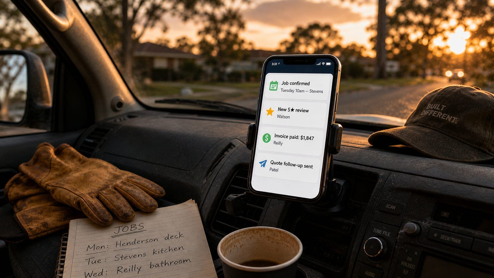 Inside an Australian tradie's ute at golden hour. Phone mounted on the dash showing four automation notifications running in the background (job confirmed, new 5-star review, invoice paid, quote follow-up sent), with weathered work gloves, a handwritten job list and a flat white in the cup holder.