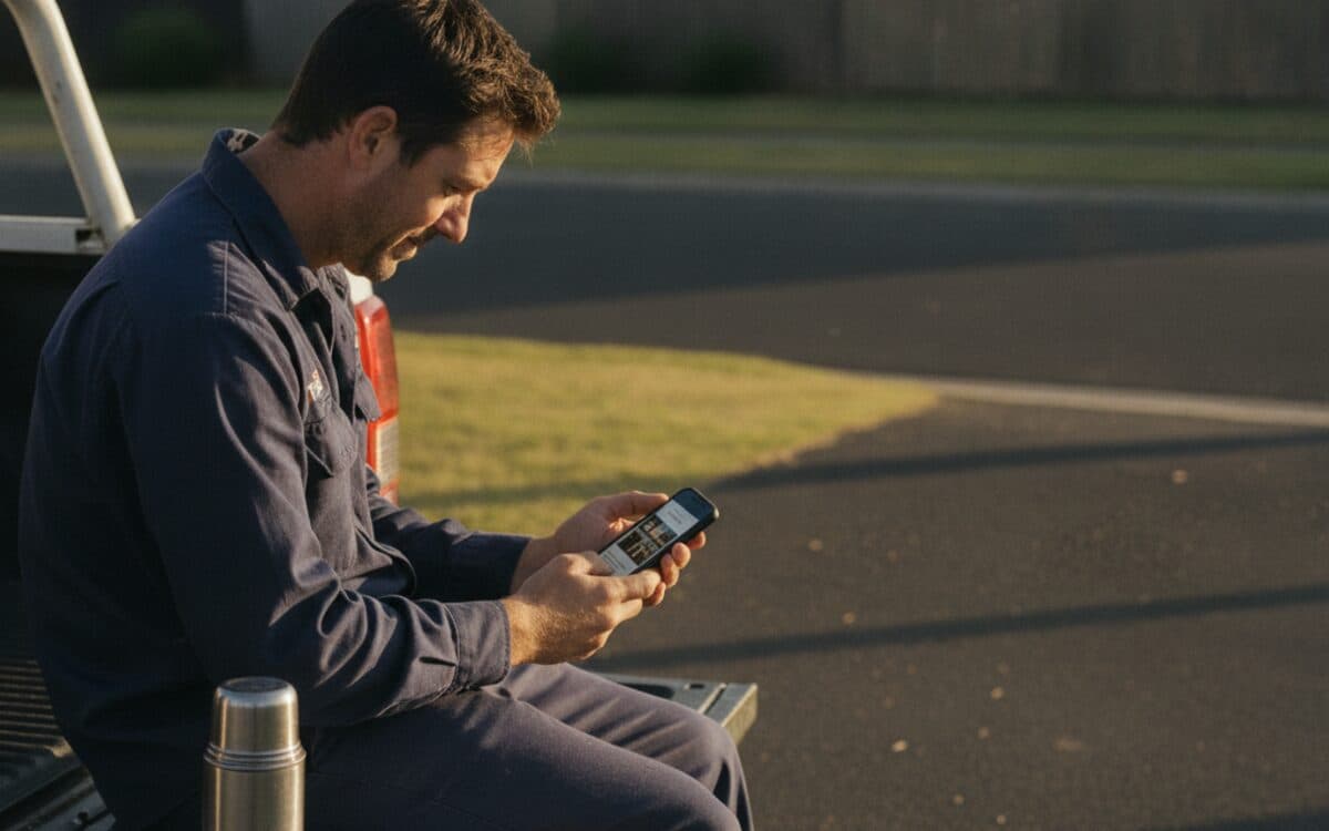 An Australian tradesperson in a navy work shirt sitting on the open tailgate of a ute at the end of the day, looking down at the phone in their hands. Late afternoon light across a quiet suburban street behind them, and a steel thermos beside them on the tailgate.