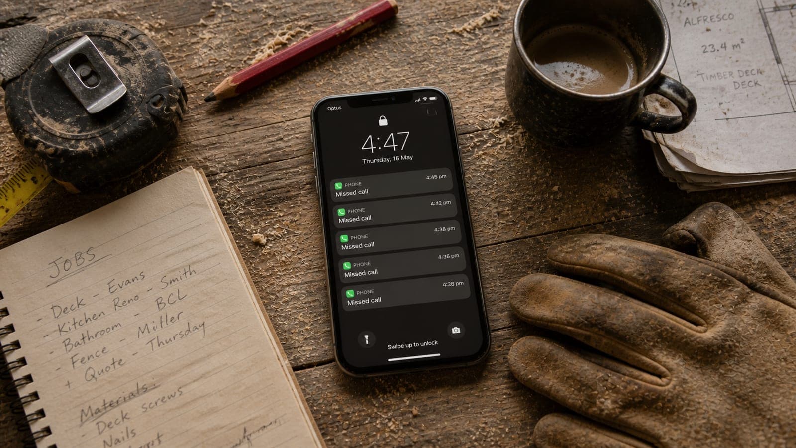 An Australian tradie's workbench at the end of the day. Five missed calls on the phone screen, sawdust, weathered tape measure, a spiral notebook with handwritten job names, and a coffee gone half-cold.