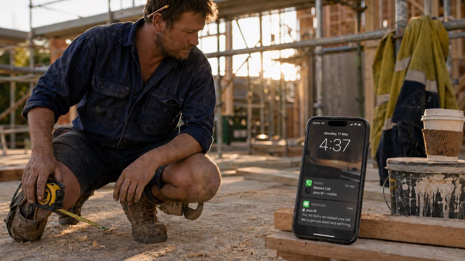 An Australian tradie on a job site reaching for a phone that's pinging with a new lead notification, the SMS auto-reply already sent. Late afternoon light, work boots, scaffolding behind.