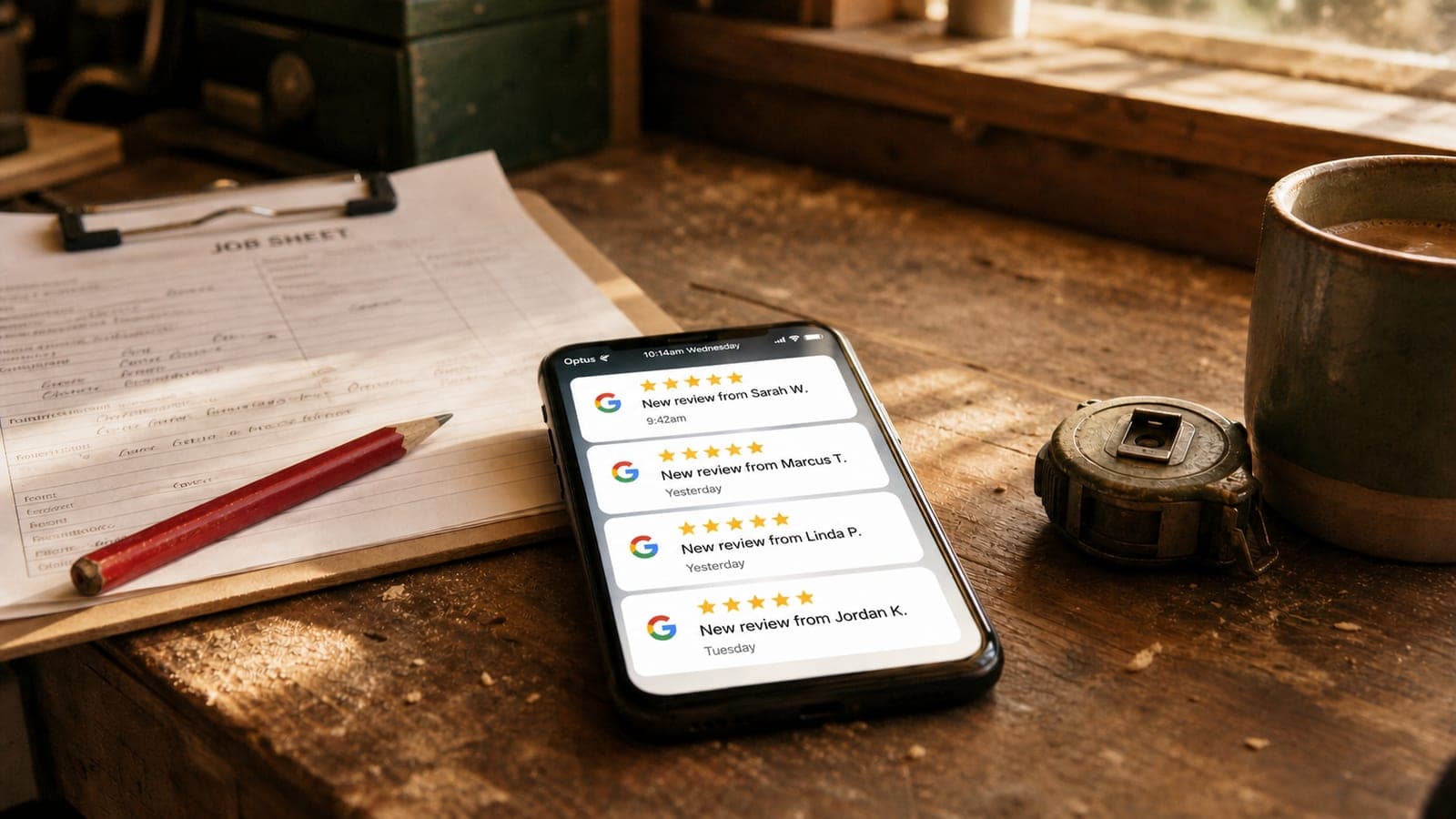 A smartphone on a tradie's workshop bench showing four stacked Google review notifications, each five stars. Alongside a job sheet, a red carpenter's pencil, a vintage tape measure and a ceramic coffee mug, lit by warm morning window light.