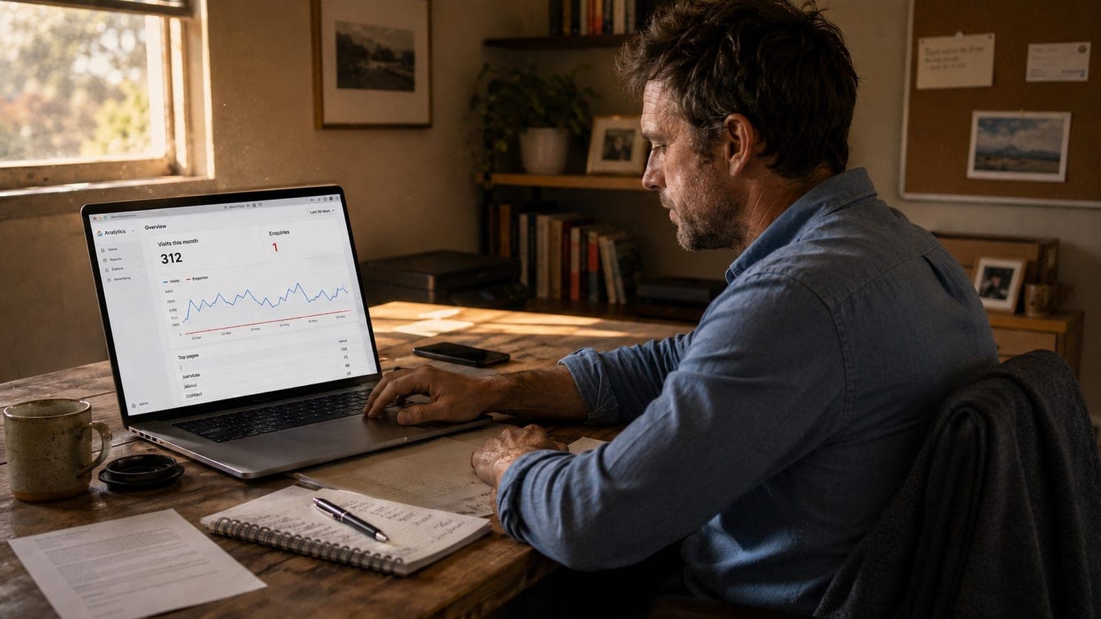 An Australian service business owner sitting at a small home-office desk in morning light, laptop open showing a website analytics dashboard with a flat line for enquiries. A notebook and a half-drunk flat white beside him.